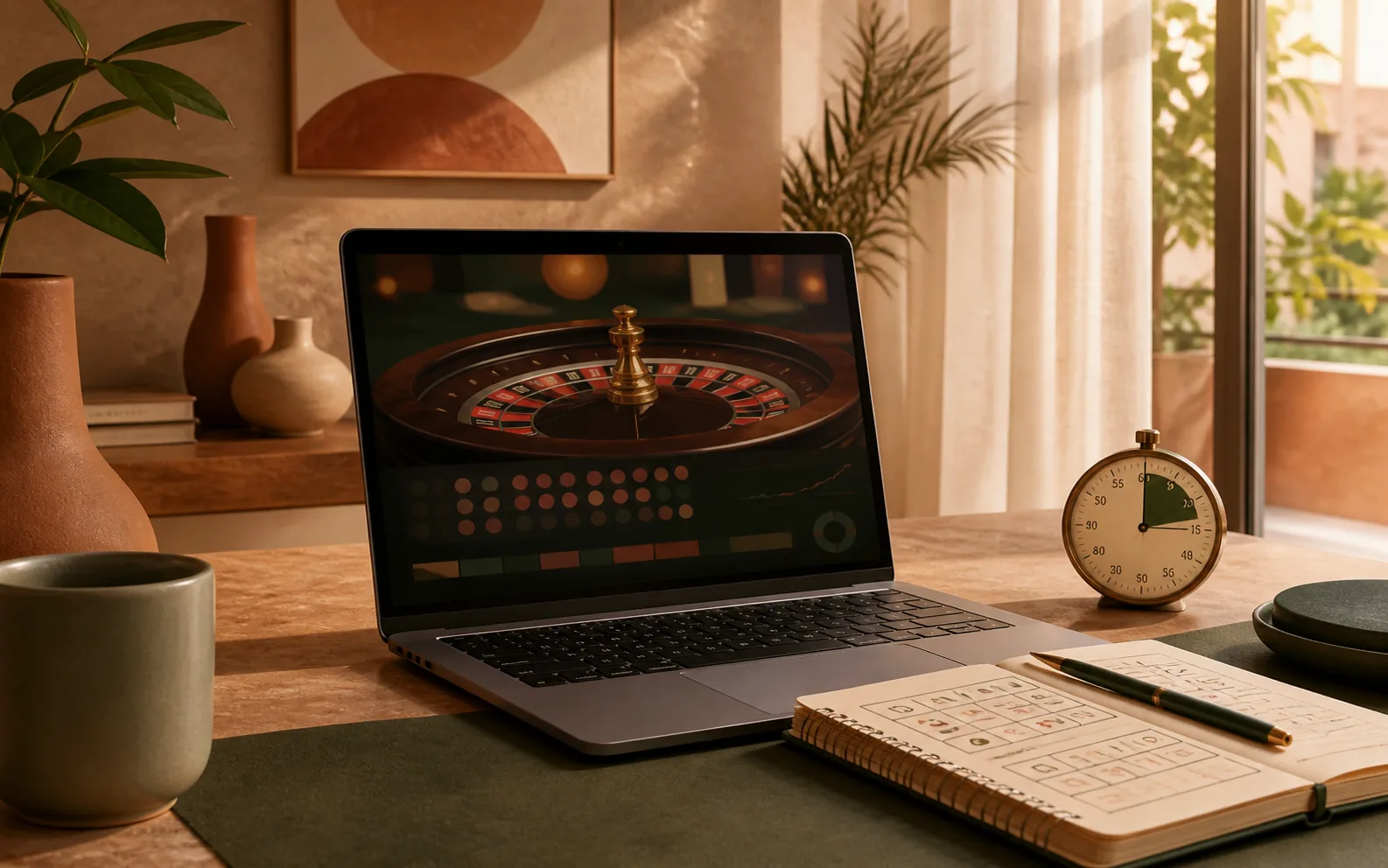 Notebook em ambiente calmo exibindo uma transmissão fictícia de roleta ao vivo