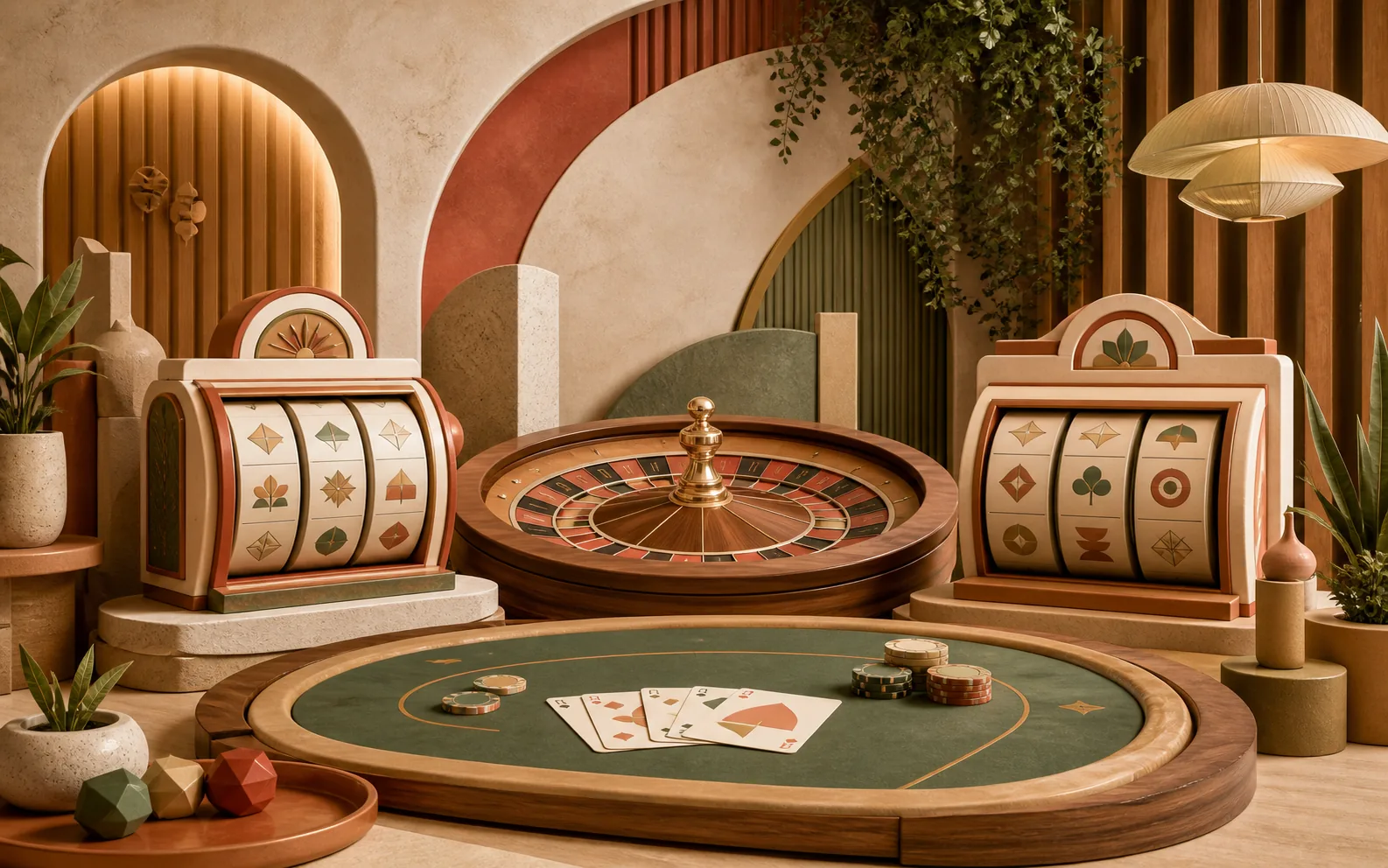 Composição editorial com slots, roleta e mesa de cassino