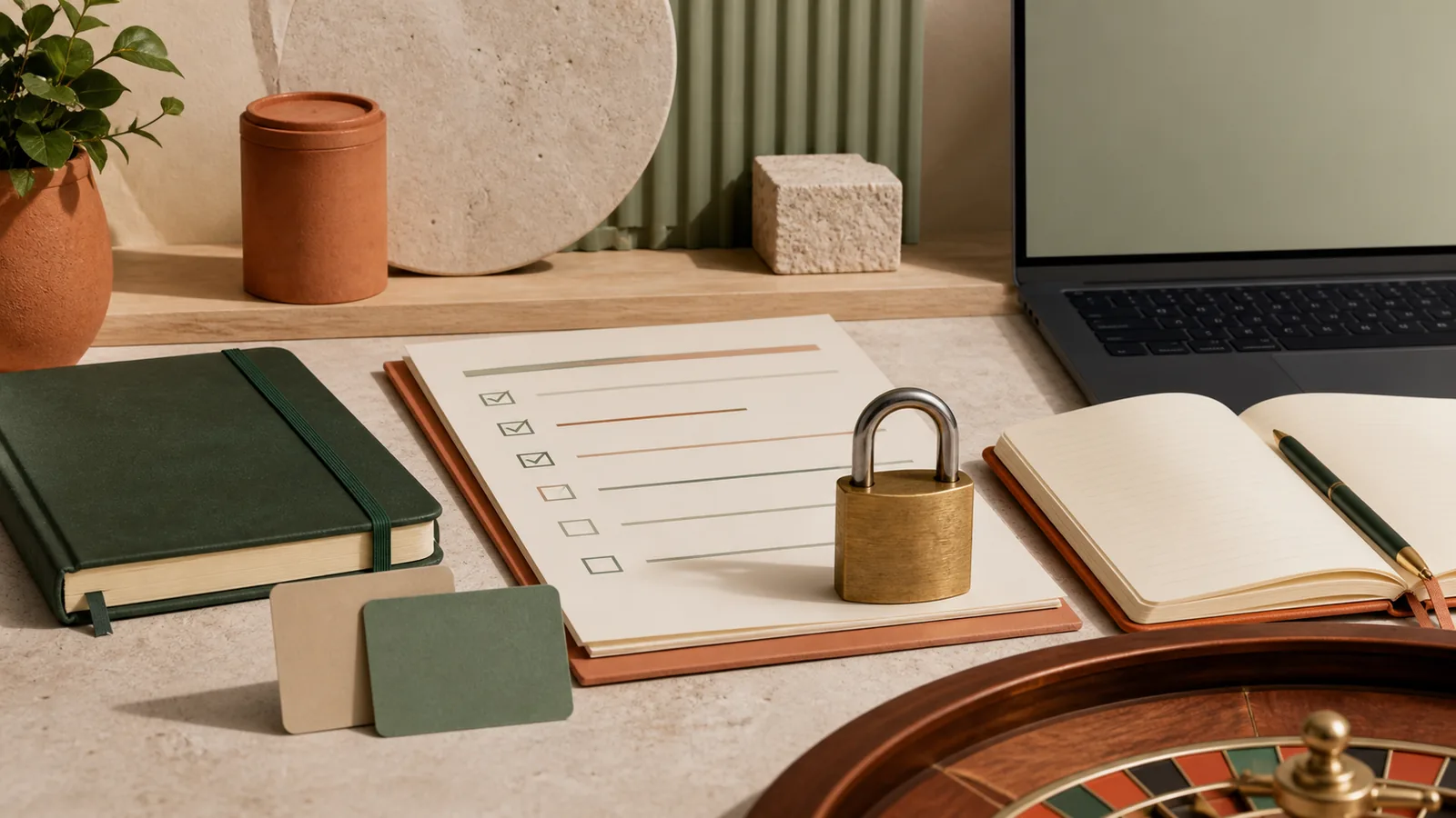 Mesa editorial com checklist, cadeado e notebook para verificação